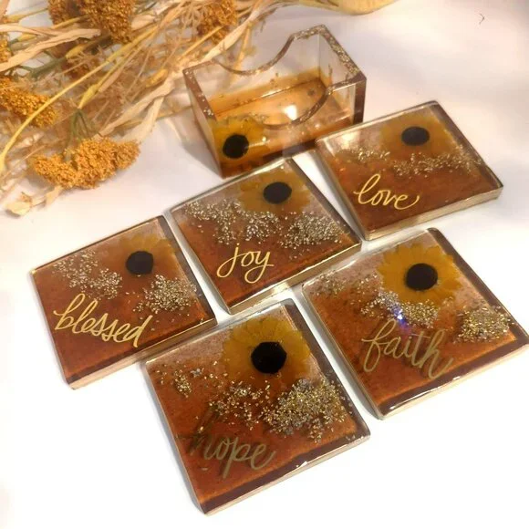 Handmade Resin Sunflower Coaster Set With Holder Inspirational Rustic Farmhouse - Picture 2 of 12